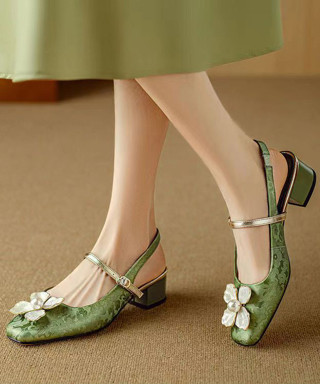 Green Chunky Chinese Style Buckle Strap Splicing Sandals Oi028