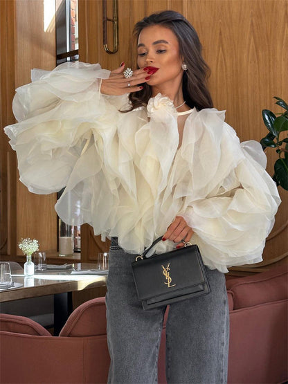 Tossy Patchwork Ruffled White Shirts for High Waist Long Sleeve Blouse Top