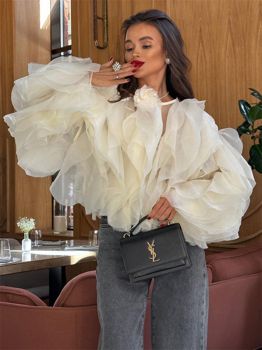 Tossy Patchwork Ruffled White Shirts for High Waist Long Sleeve Blouse Top