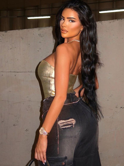 Taruxy Gold Pu Crop Tops for Bodycon Backless Off Shoulder Tank Top Hot Street Slim Party Tube Top