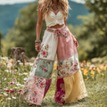Women's Vintage Floral Patch Linen Casual Wide Leg Pants elevenforest