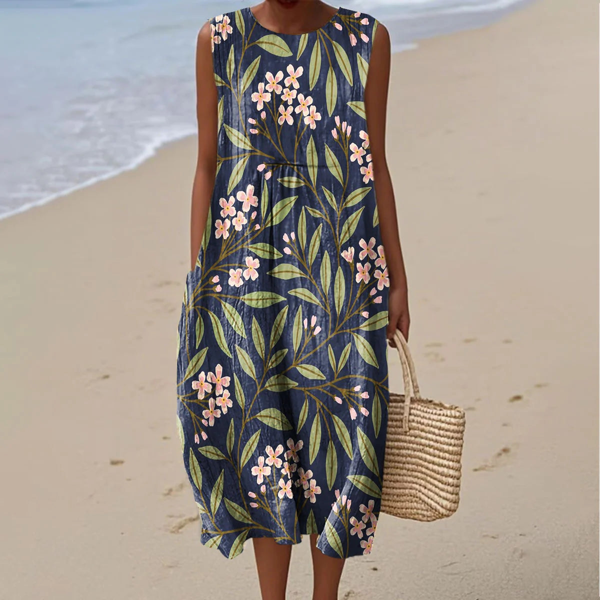 Women's Vintage Floral Art Print Sleeveless Dress elevenforest