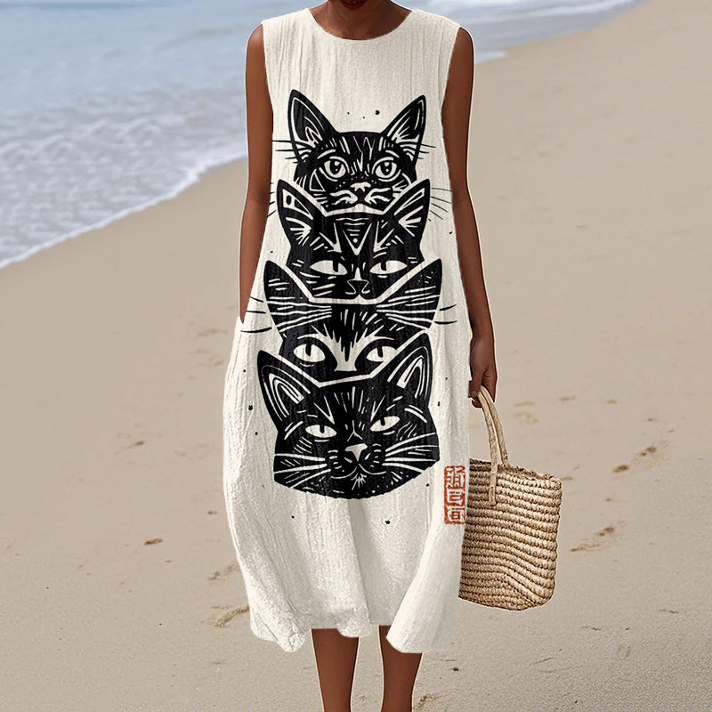Comstylish Japanese Stacked Cats Lino Art Linen Midi Dress
