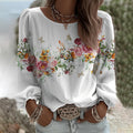 Women's Vintage Flower Print Round Neck Long Sleeve Linen Blend T-shirt elevenforest