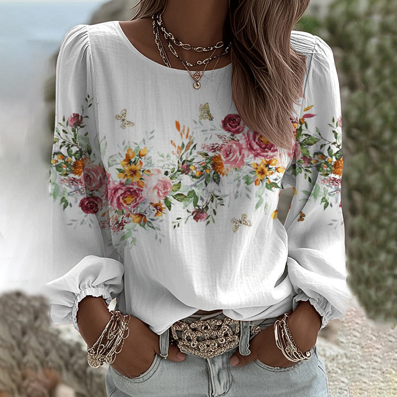 Women's Vintage Flower Print Round Neck Long Sleeve Linen Blend T-shirt elevenforest