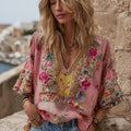 Women's Vintage Bohemian Floral Embroidery Art V-neck T-shirt elevenforest