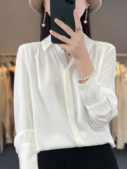 Long Sleeves Loose Buttoned Pleated Color Lapel Blouses&shirts Tops