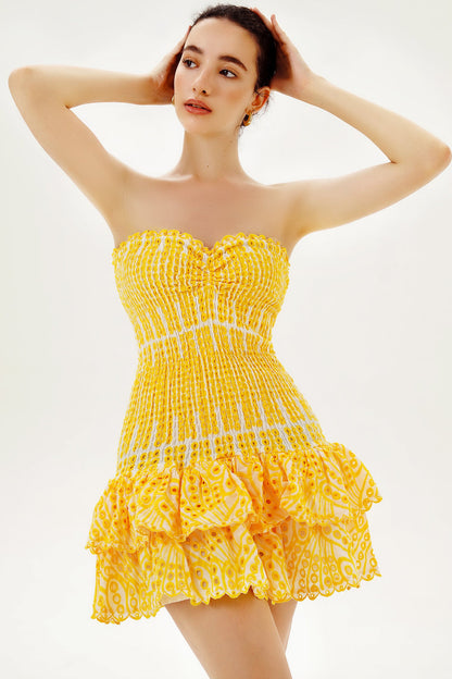 Lace Smocked Elastic Tube Top Peplum Hem Mini Dress