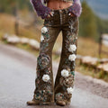Women's Bohemian Floral Embroidery Straight Flare Denim Pants elevenforest