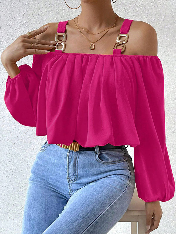 Long Sleeves Loose Elasticity Split-joint Cold Shoulder Blouses&shirts Tops