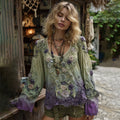 Vintage Classy Gradient Purple Lavender And Floral Embroidered Linen Long Sleeve Shirt elevenforest