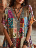 Bohemian Style Patchwork Multi-colored Flower Embroidery Diamond Vintage V-neck Short-sleeved Long Dress elevenforest