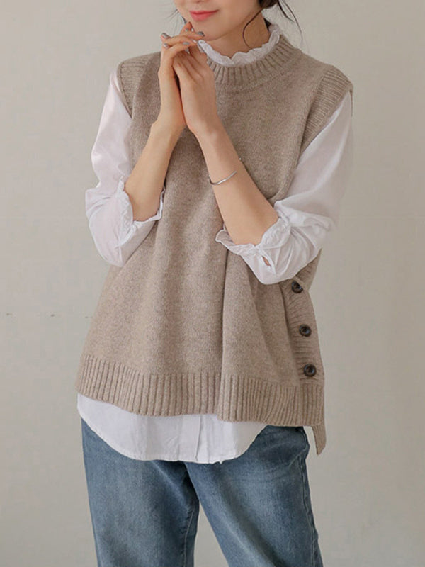 Simple Sleeveless Loose Buttoned Color Round-neck Sweater Vest Outerwear
