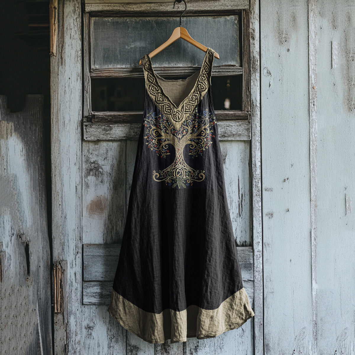 Women's Vintage Viking Tree Of Life Art Linen Tank Dress elevenforest