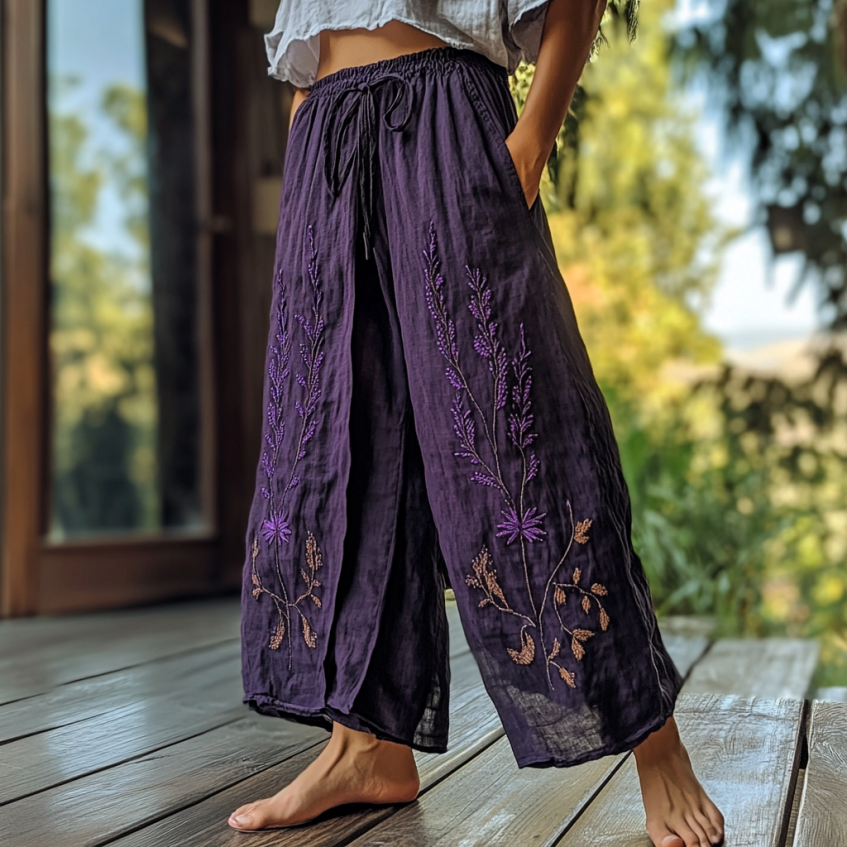Vintage Bohemian Lavender Art Printed Cotton Linen Wide Leg Pants elevenforest
