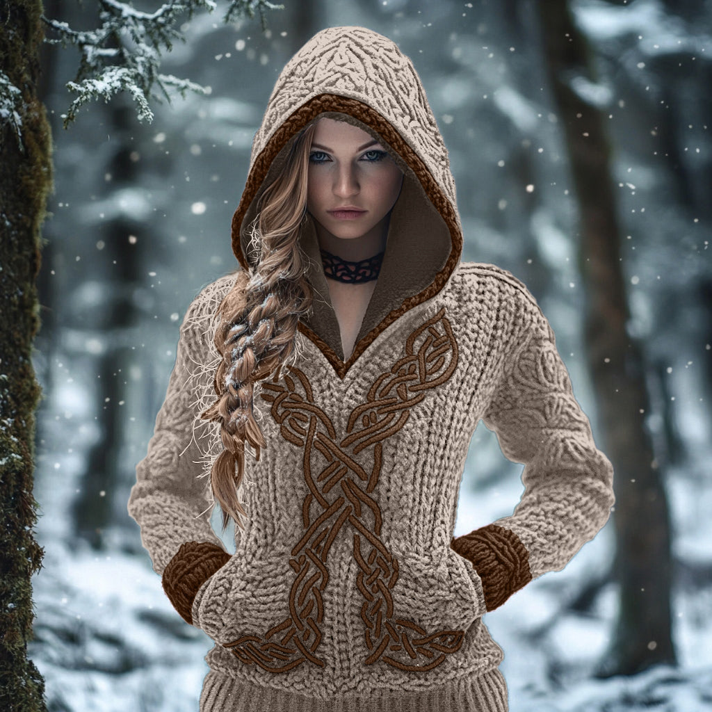 Women's Viking Celtic Knot Jacquard Knit Hooded Sweater elevenforest
