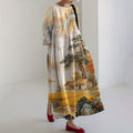 Comstylish Vintage Japanese Art Landscape Painting Flowy Linen Maxi Dress
