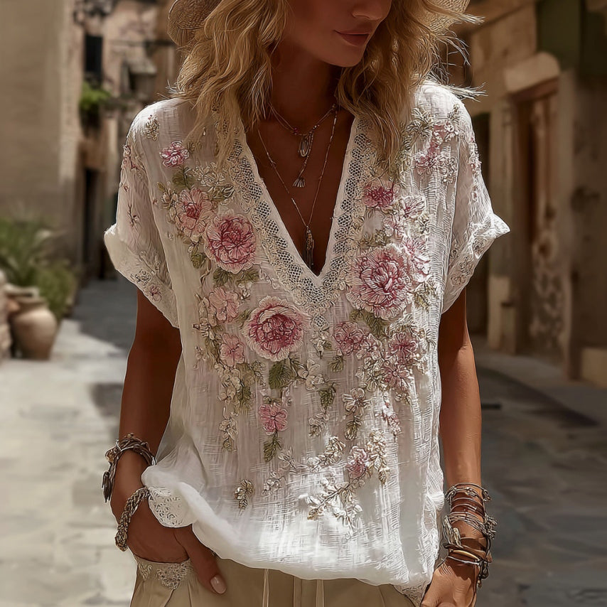 Women's Floral Embroidery Long-sleeved Linen Blend T-shirt elevenforest