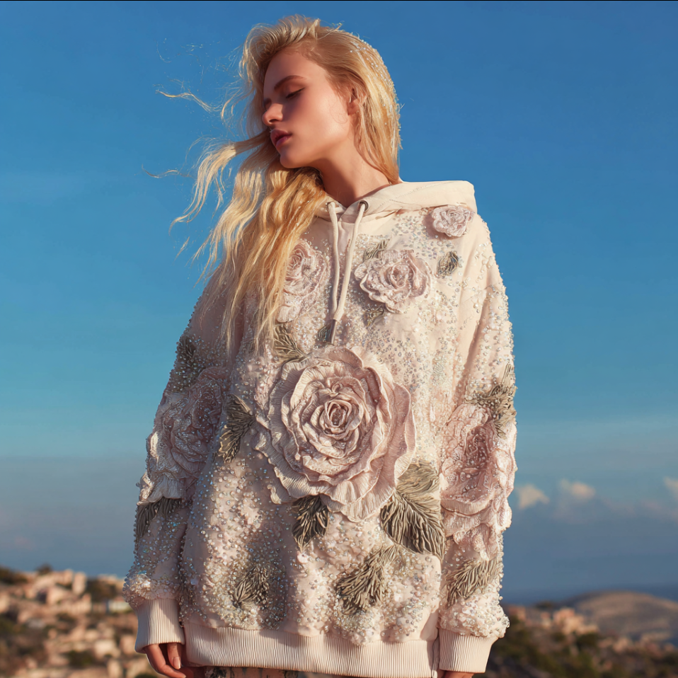 Bohemian Style 3d Pink Rose With Sequins Women's Hooded Long-sleeve Sweatshirt elevenforest