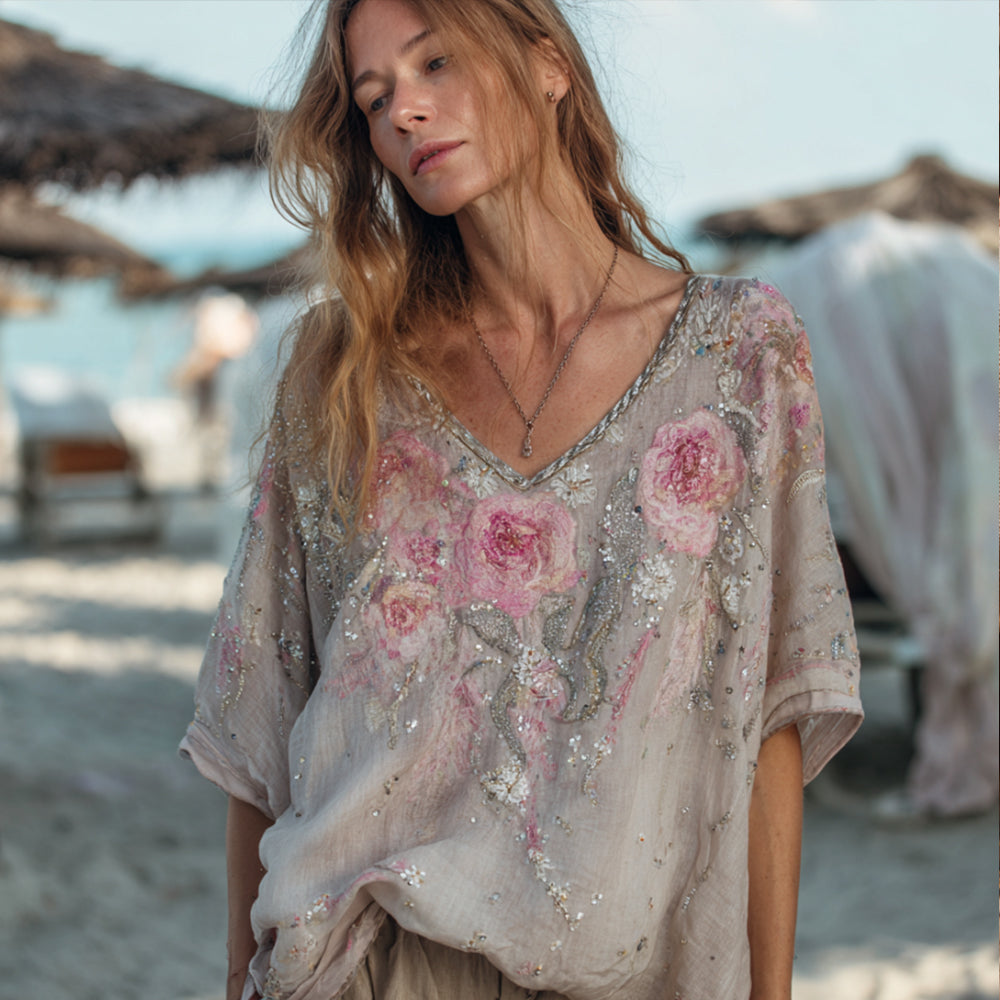 Ladies' Rose Three Dimensional Embroidered Sequin Retro Distressed Light Colored Short Sleeved V-neck Shirt elevenforest
