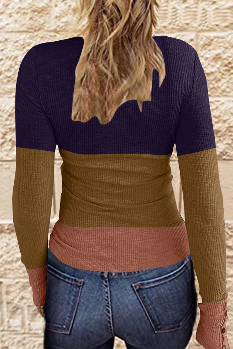 Gradual Change Color Block Patchwork Buttons O Neck T-shirts(7 Colors)
