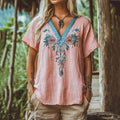 Women's Floral Blue And Pink Embroidery V Neck Casual Linen Top elevenforest