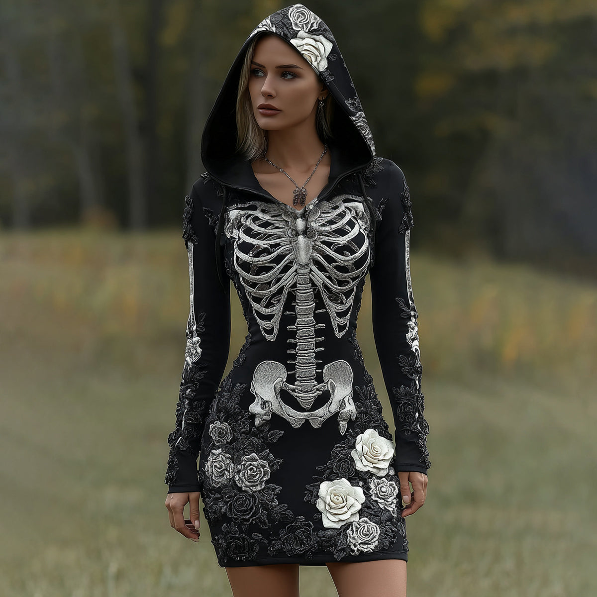 Women's Vintage Halloween Skeleton Bones With Rose Art Cozy Knit Hooded Sweater Dress elevenforest