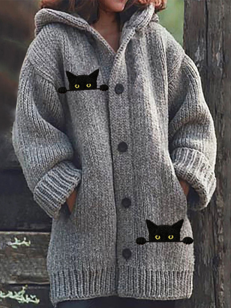 Comstylish Women's Casual Funny Black Cat Print Hood Sweater