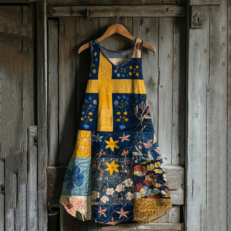 Vintage Loose Swedish Flag With Floral Patchwork Pattern Art Print Linen Tank Dress elevenforest