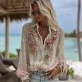 Women's Pink Rose Embroidery Art Linen Blend Shirt elevenforest