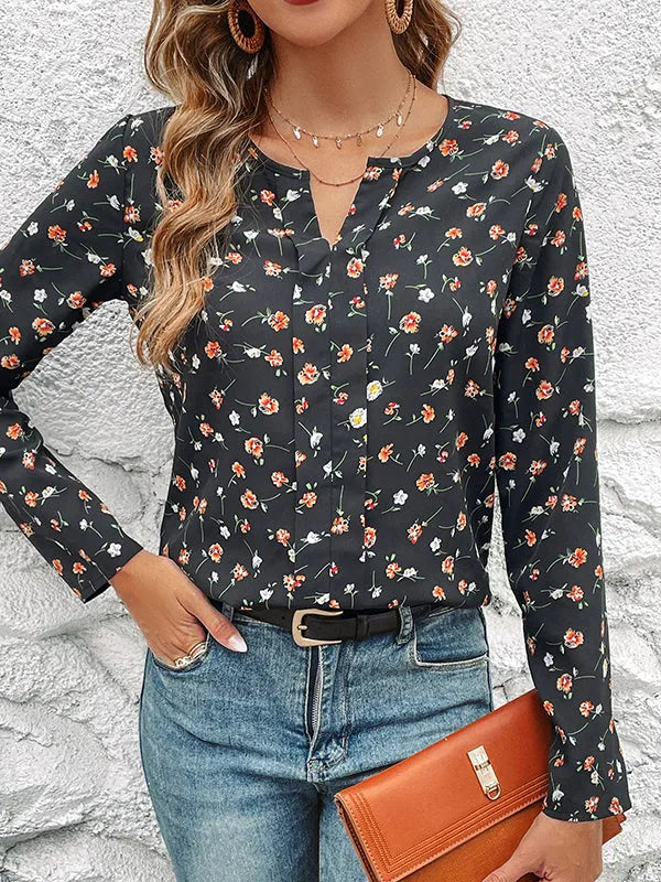 Long Sleeves Loose Flower Print Round-neck Blouses&shirts Tops