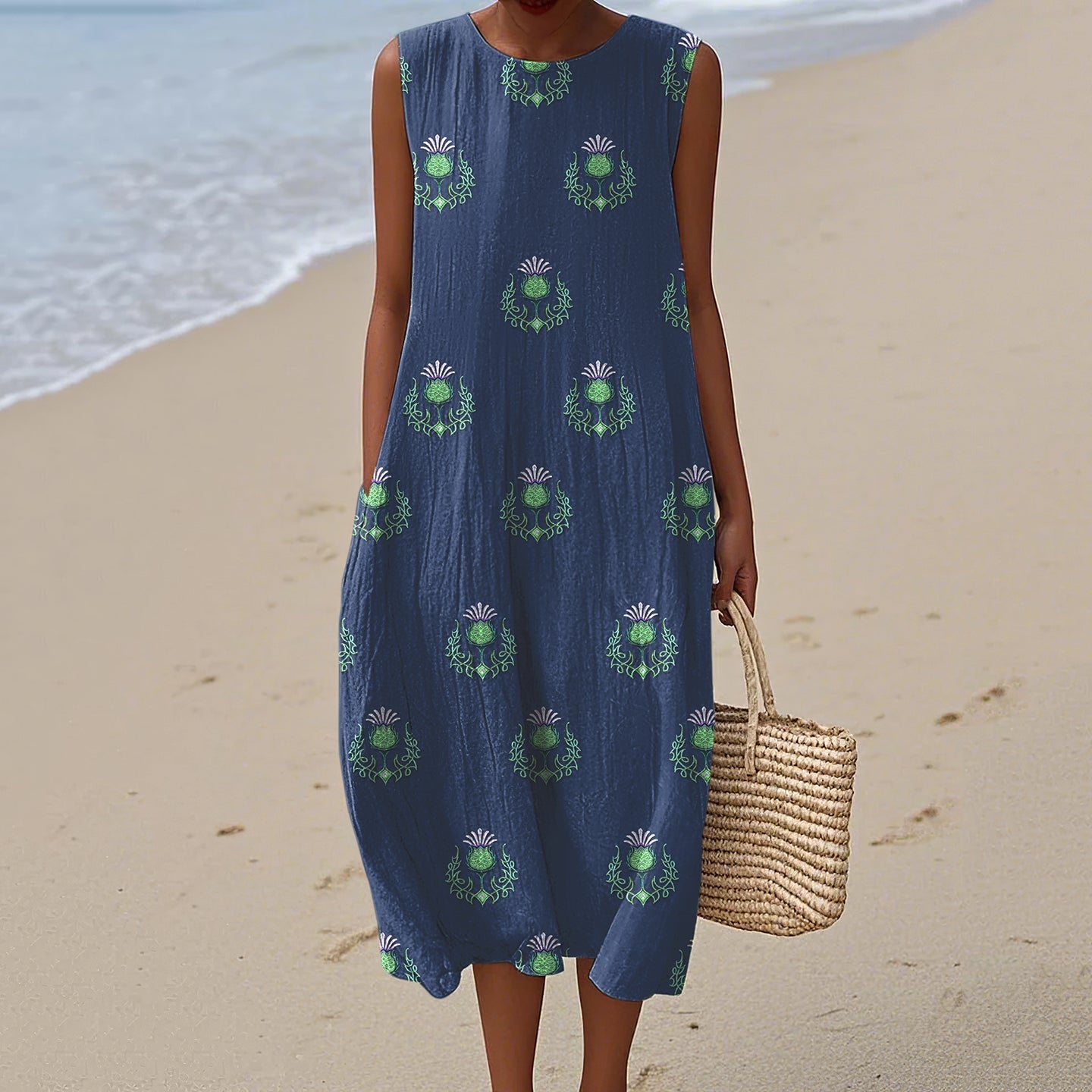 Women's Vintage Scottish Thistle Art Linen Sleeveless Dress elevenforest