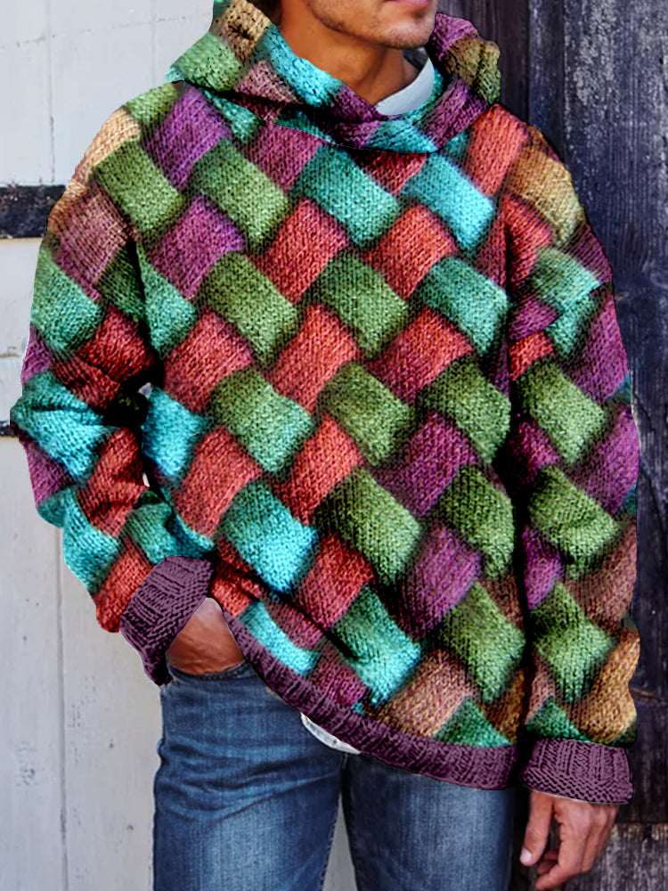 Men's Vintage Entrelac Knitted Cozy Hooded Sweater elevenforest