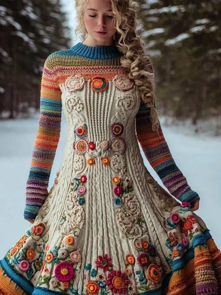 Comstylish Mexican Flowers Embroidered Vintage Flowy Sweater Dress