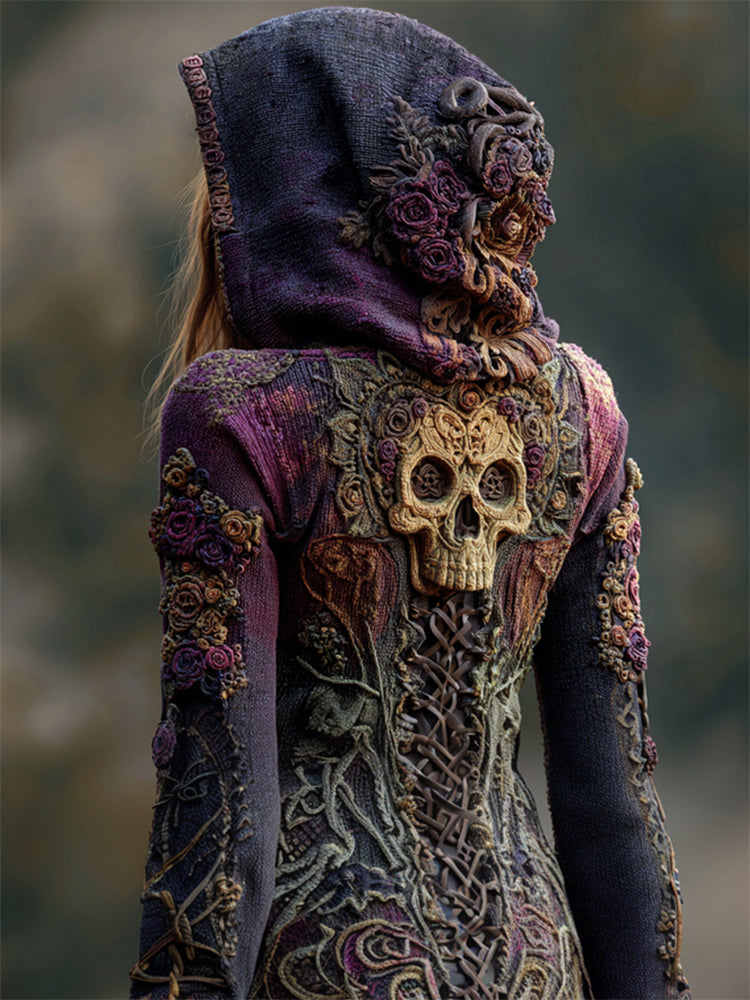 Comstylish Vintage Skull Purple Roses Gradient Celtic Knit Hooded Sweater