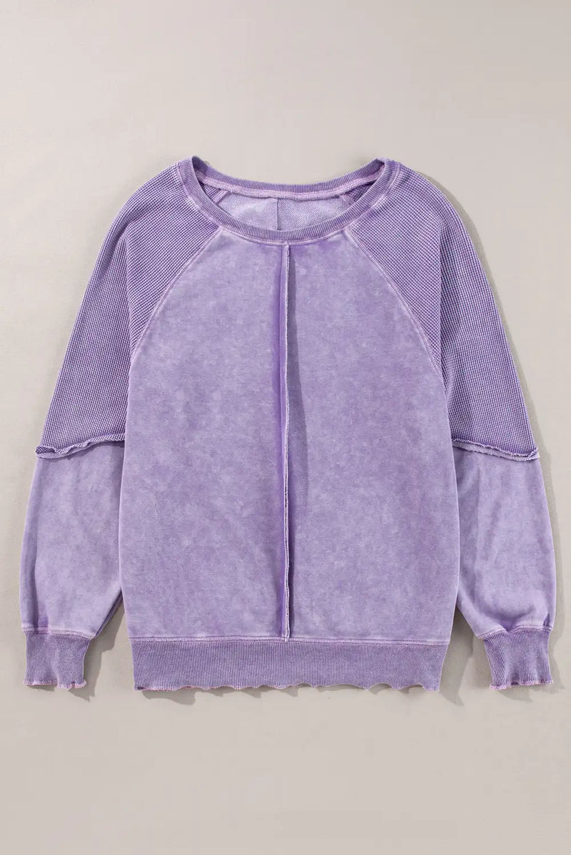 Orchid Petal Waffle Knit Patchwork Sweatshirt