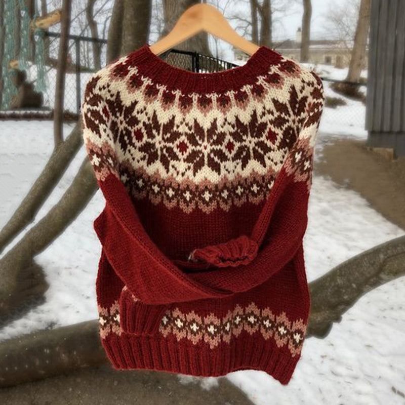 Vintage Christmas Red Icelandic Knit Jacquard Warmth Crew Neck Sweater Unisex elevenforest