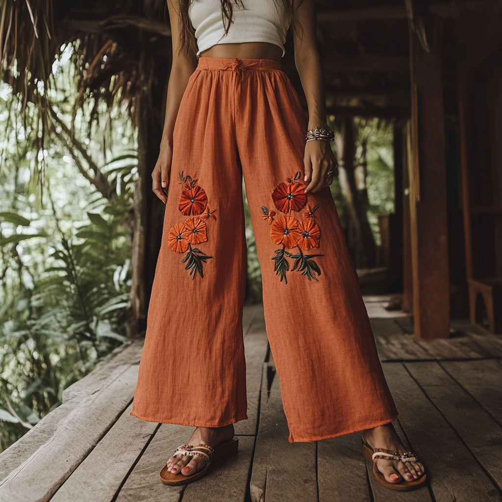 Women's Boho Floral Embroidery Art Linen Casual Pants elevenforest