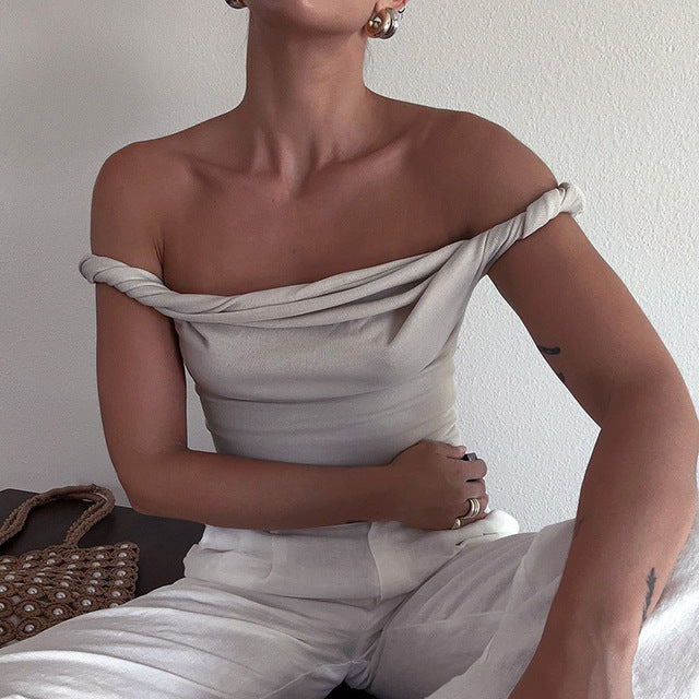 Taruxy Off Shoulder Slim Fit Twist Top for Sleeveless Patchwork Pullover Short T Shirt Female Summer