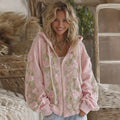 Women's Vintage Pink Rose Embroidery Cozy Warm Zipper Hoodie elevenforest
