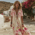 Women's Pink Rose Embroidery V-neck Loose Linen Blend Midi Dress elevenforest