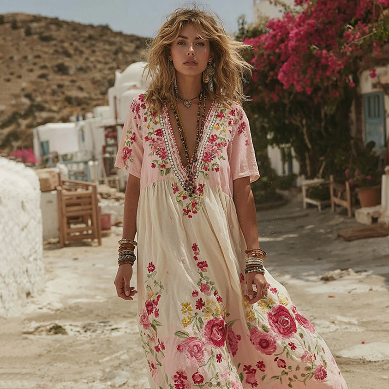 Women's Pink Rose Embroidery V-neck Loose Linen Blend Midi Dress elevenforest