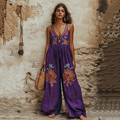 Vintage Floral Embroidered Pattern Linen Blend Loose Casual Jumpsuit elevenforest