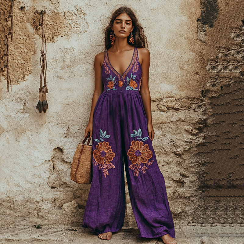 Vintage Floral Embroidered Pattern Linen Blend Loose Casual Jumpsuit elevenforest
