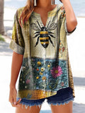 Women's Bohemian Floral Bee Art Print Casual Cotton And Linen Shirt