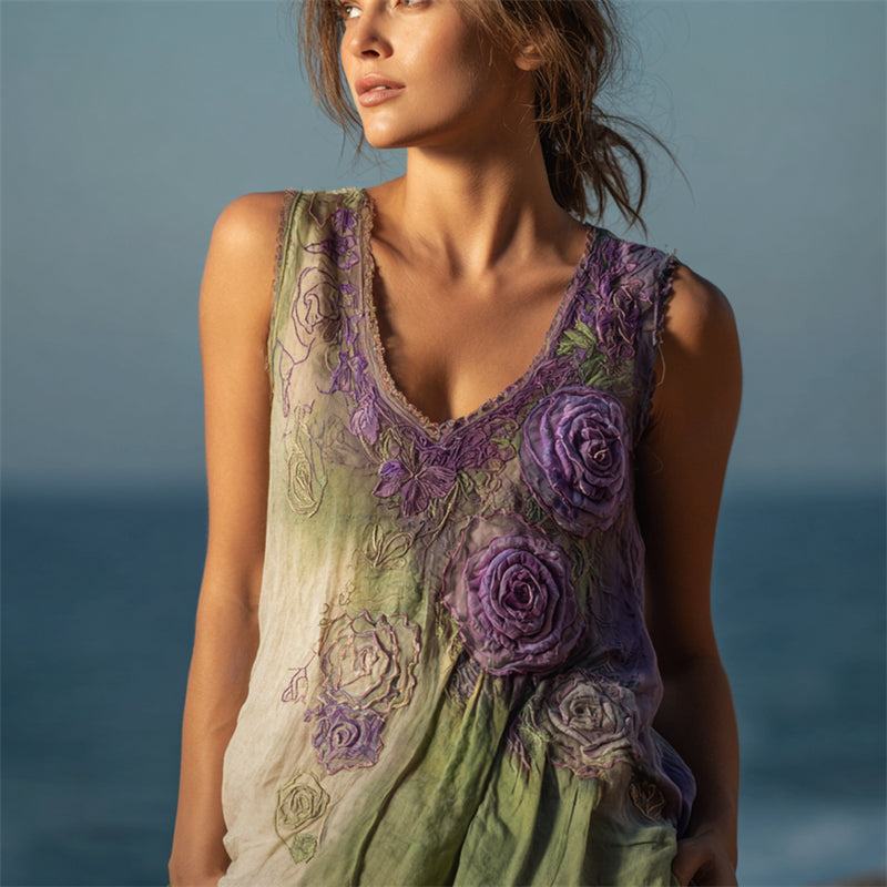 Boho Lavender Roses Fiber Art Gradient Flowy Linen Tank Top elevenforest