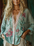 Women's Casual Bohemian Linen Floral Style Long-sleeve Top Shirt elevenforest
