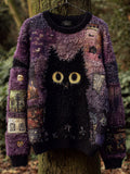 Comstylish Women's Casual Vintage Halloween Black Cat Embroidered Sweater