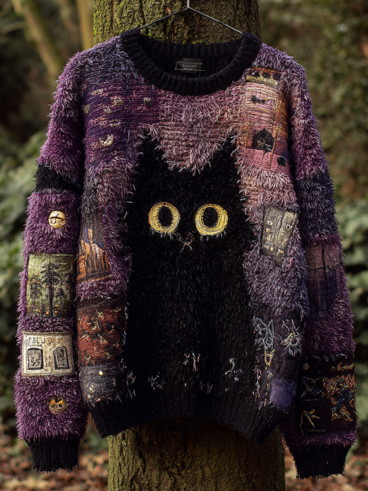 Comstylish Women's Casual Vintage Halloween Black Cat Embroidered Sweater