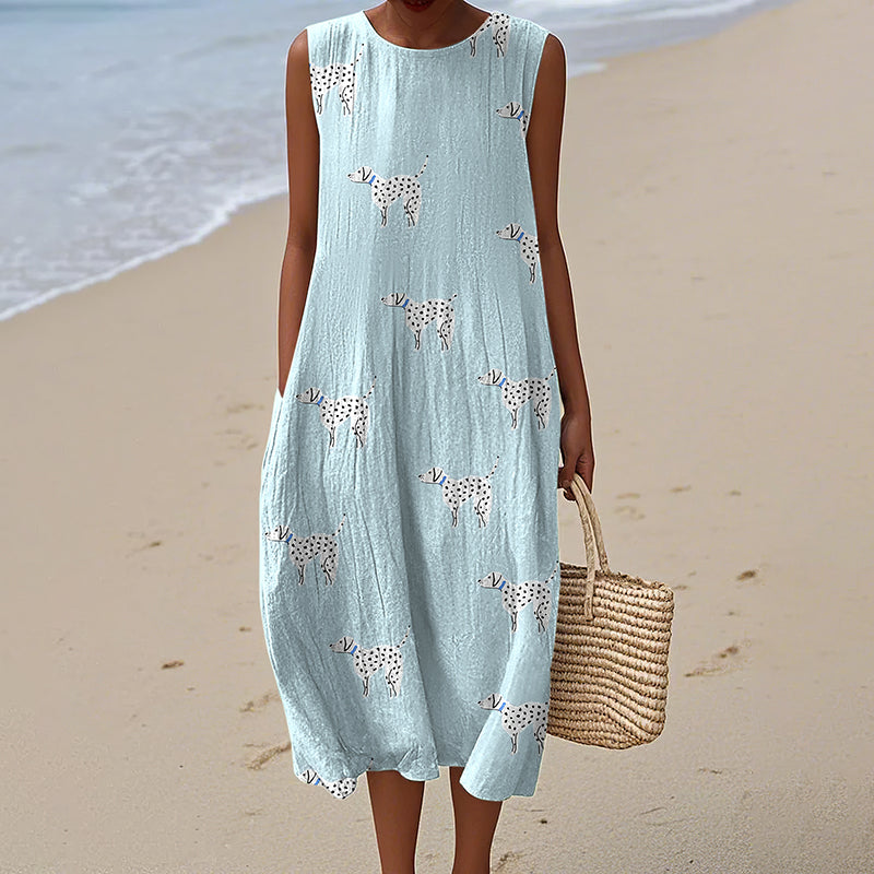 Comstylish Retro Cute Dalmatian Dog Art Linen Tank Midi Dress